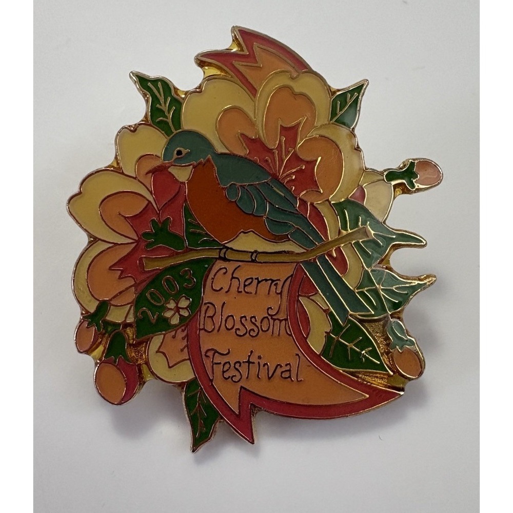 2003 Cherry Blossom Festival Bird Flower Souvenir Enamel Lapel Pin Gold Tone